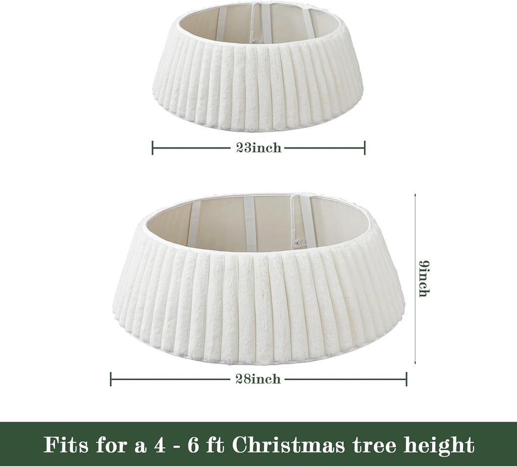 Christmas Tree Collar, Rustic White Luxury Plush Faux Fur Tree Collar with Stripe Textured Pattern, Soft Fluffy Xmas