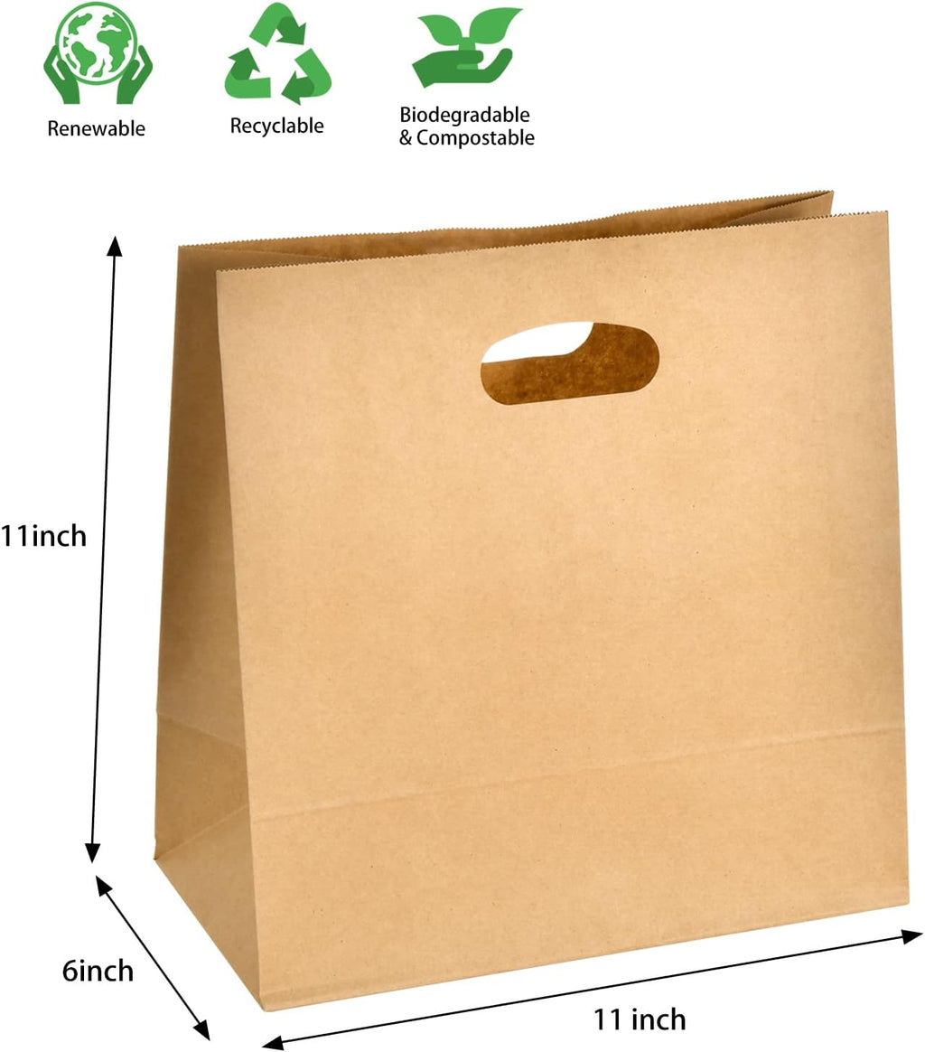 100Pcs Brown Kraft Paper Bags with Die Cut Handles 11" x 6" x 11"
