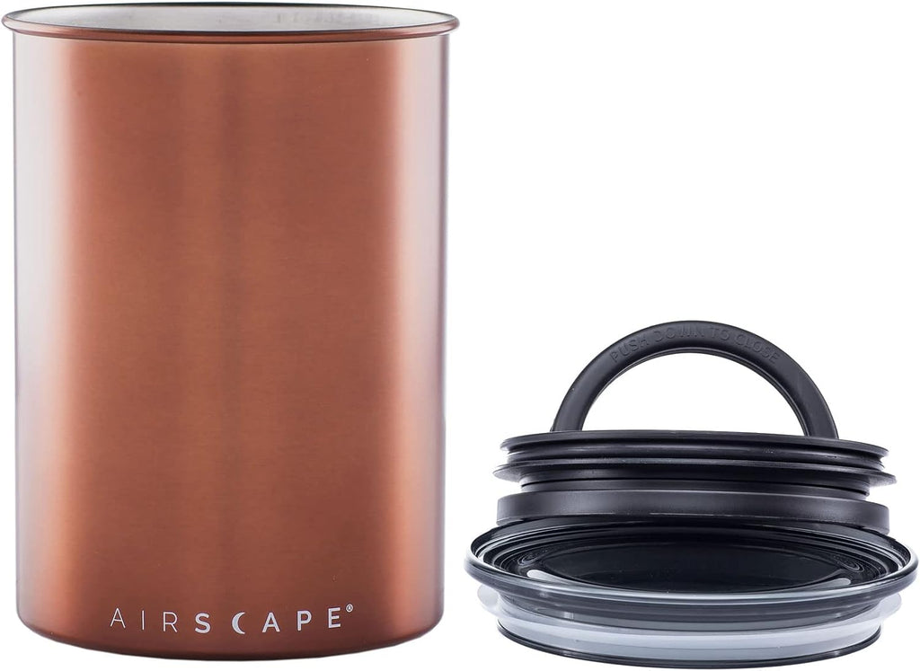 Airscape Airless Coffee Storage | 500g | Brushed Copper | Container | US Patented Inner Plunger Lid REMOVES Excess