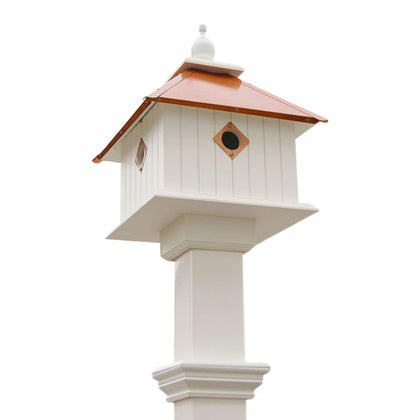 Carriage Bird House and Decorative Mounting Post, Copper Colored Roof