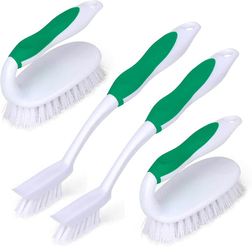 Scrub Brush Set, 4 Pack Deep Cleaning Brush Kit - 2 Scrub Brush, 2 Tile & Grout Brush with Built-in Scraper