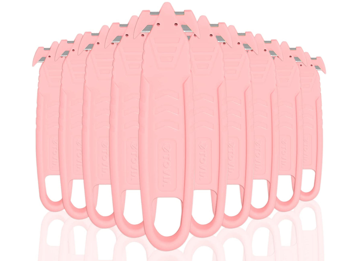 Safety Box Cutter Knife, Recessed SS Blade, 10-Pack, Pink