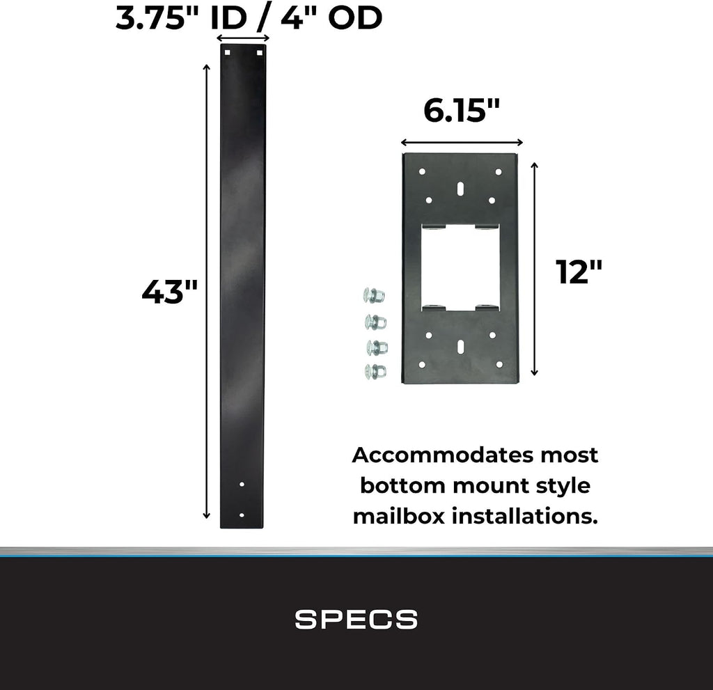 Mailbox Post and Mount | Galvanized Powder-Coated Steel Post and Universal Mounting Plate for Mailbox | Black