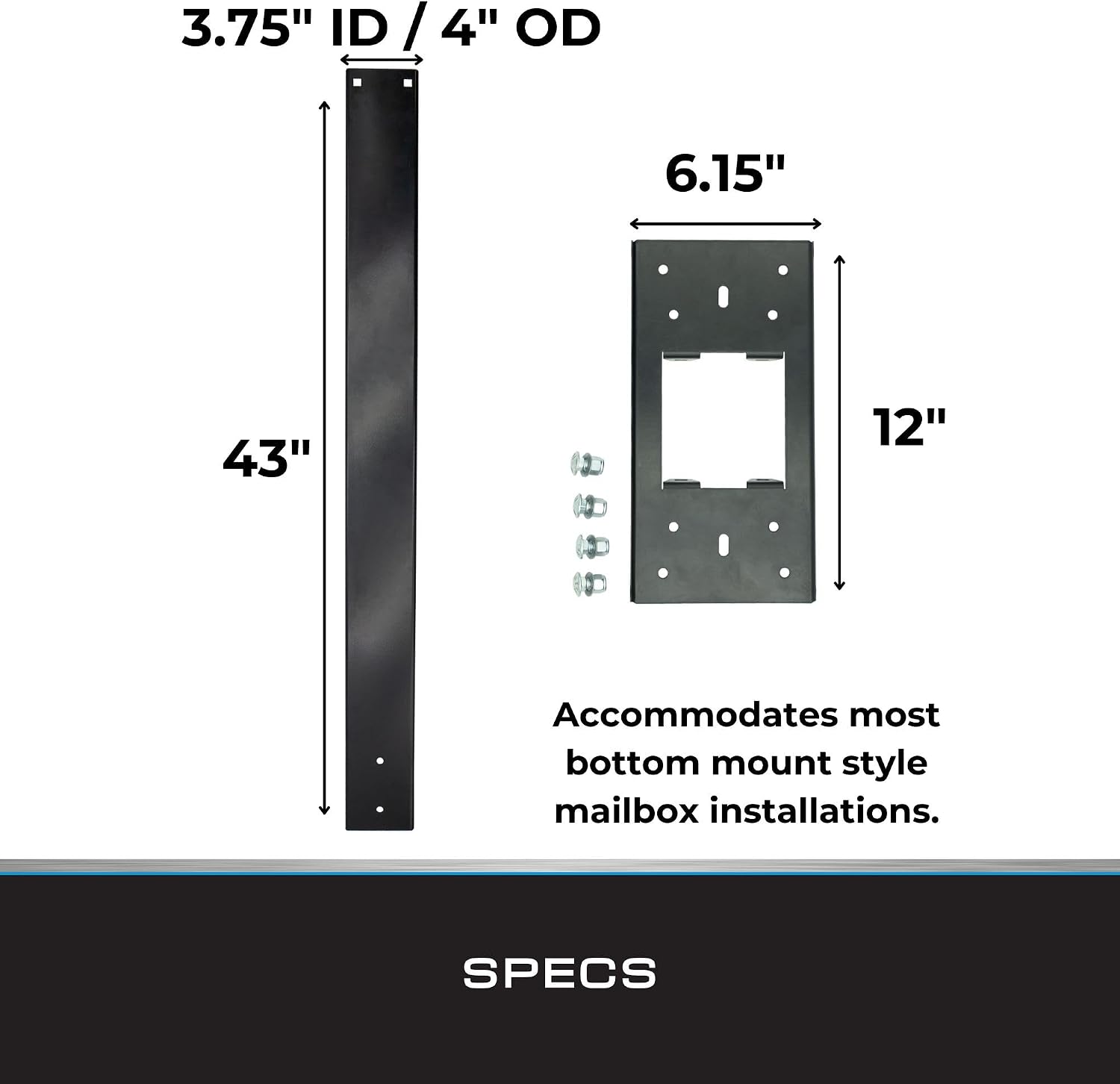Mailbox Post and Mount | Galvanized Powder-Coated Steel Post and Universal Mounting Plate for Mailbox | Black
