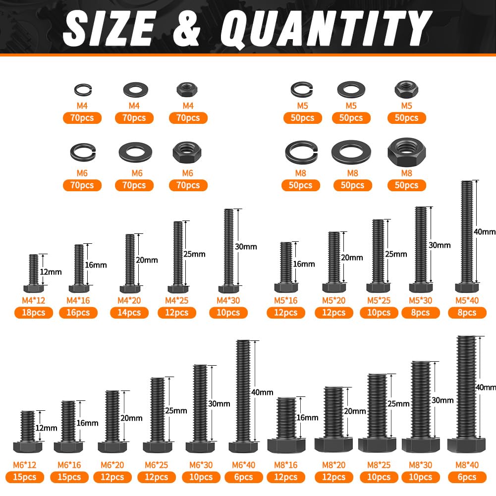 12.9 Grade Bolts and Nuts Assortment, 960pcs M4-M8 Hex Bolt Nut Washers Kit