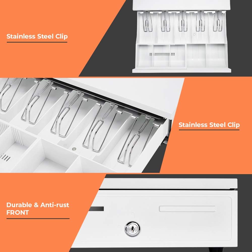 White Cash Register Drawer 16" White 5 Bill 5 Coin RJ11 RJ12 | Wide drawer with removable coin tray and 2 key-lock