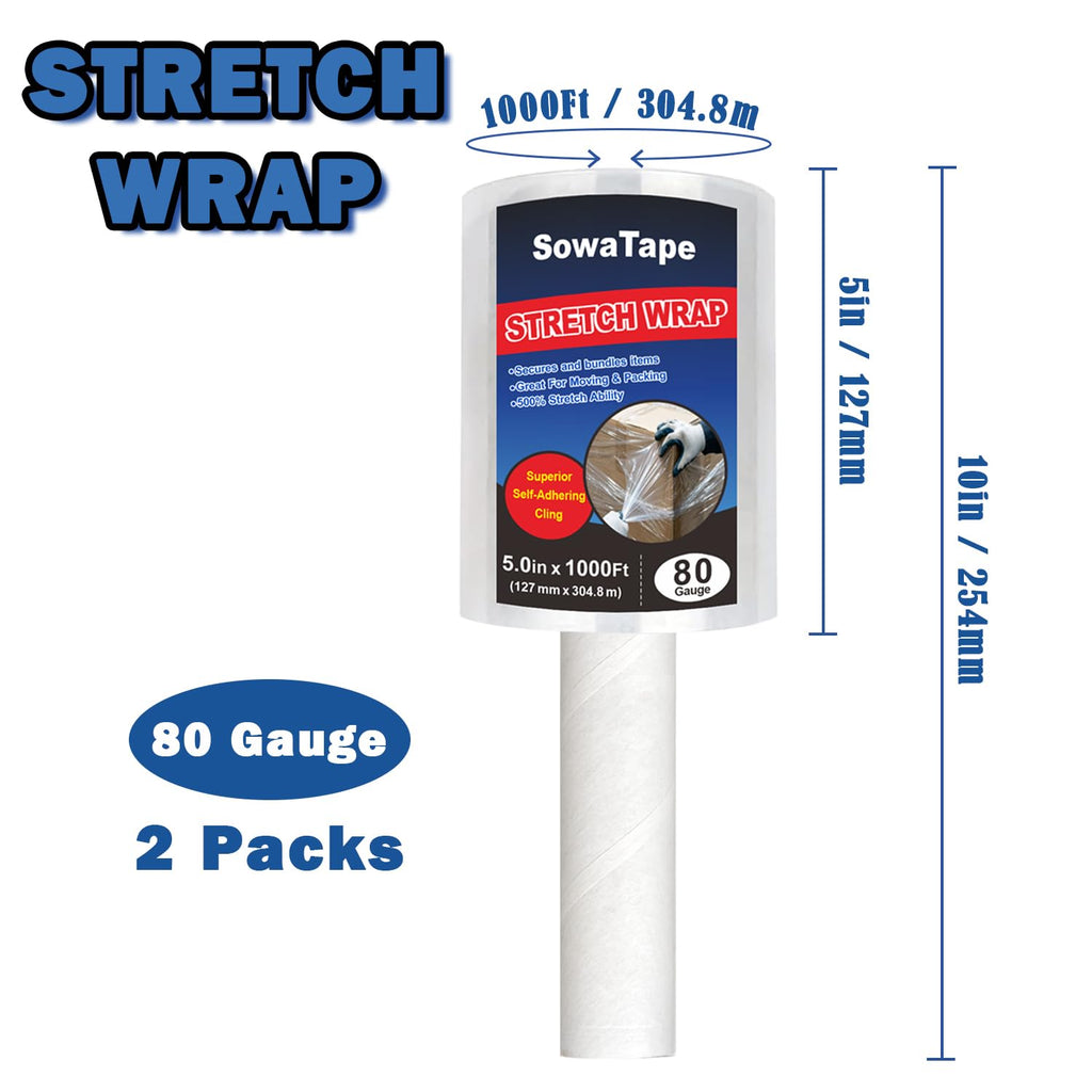 2 Pack Mini Clear Stretch Wrap Film with Handle 5''x1000Ft