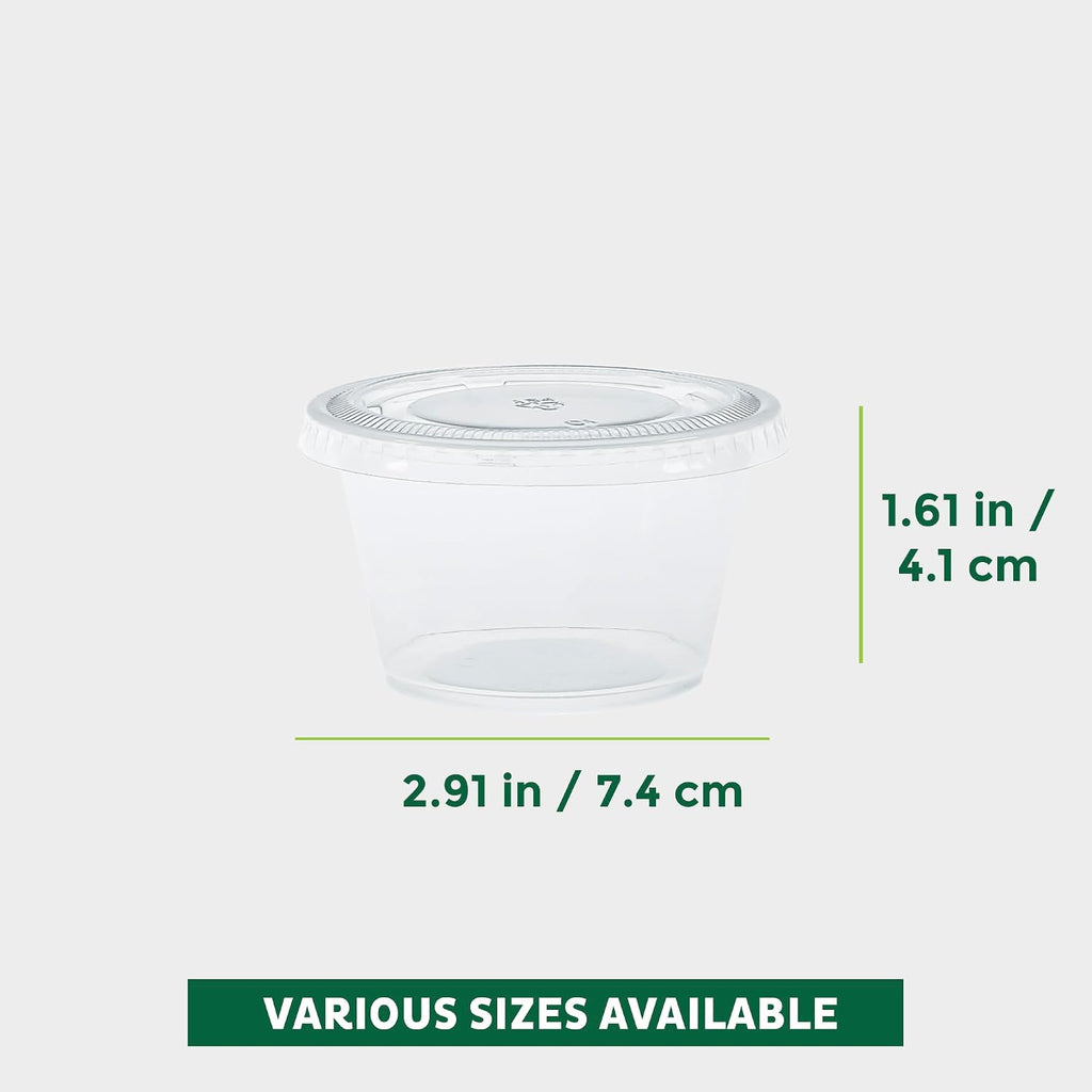 Plastic Portion Cups with Lids [4-Ounce, 100 Sets] - Souffle, Sampling, Sauce, Snack, Dressing, Jello Shot Cups