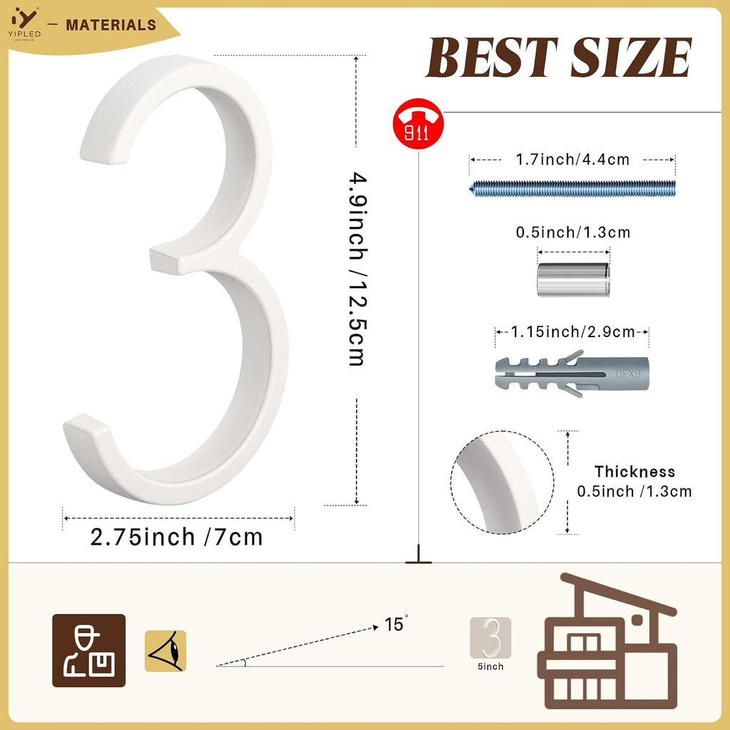5 Inch House Numbers for Outside, Metal Address Number 3- Modern Design, Weather-Resistant White Crystal Powder