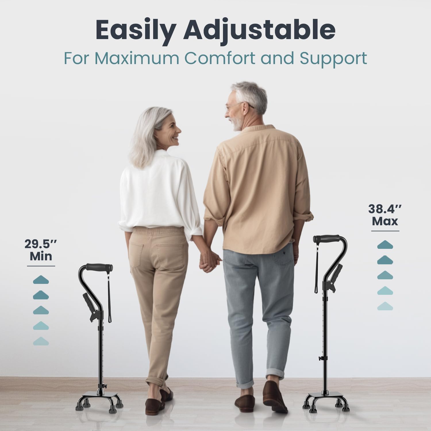 Quad Cane (300LB) - Adjustable Walking Cane with A Large 4 Pronged Base for Extra Balance & Stability, Walking Canes