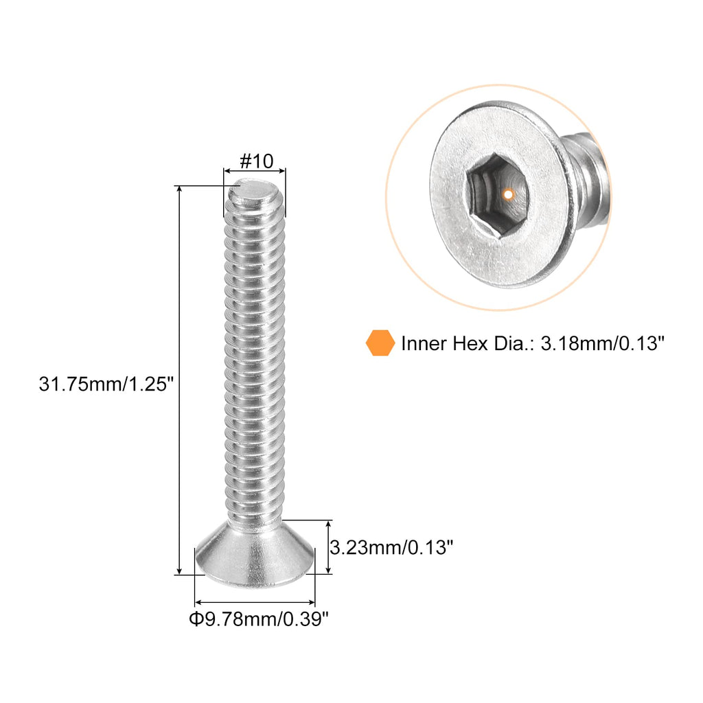 uxcell #10-24x1-1/4 Flat Countersunk Head Socket Cap Screws, 25Pcs 304 Stainless Steel Hex Socket Flat Head Screws, Full Thread, Countersunk Bolts