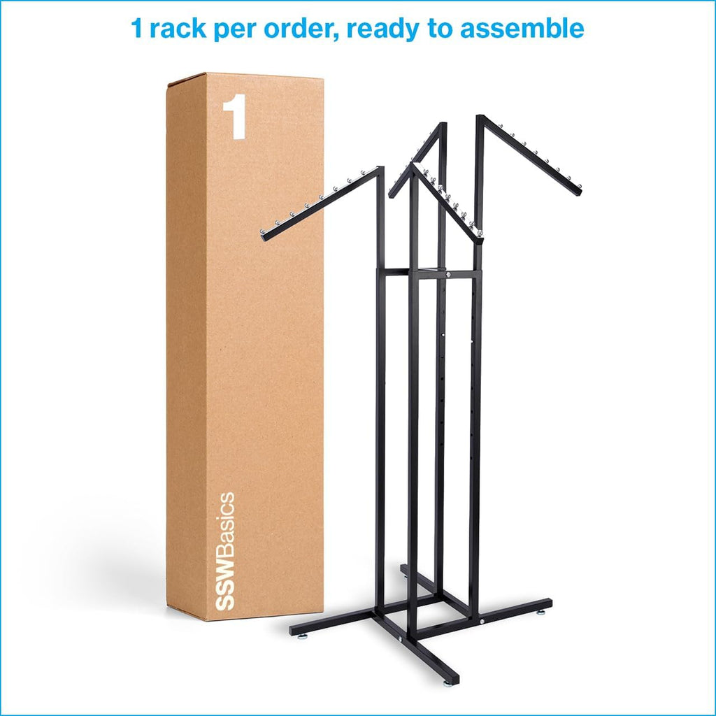 Black 4 Way Adjustable Clothing Rack with Slanted Arms - Retail Clothing Rack Display - Adjustable Height Arms from