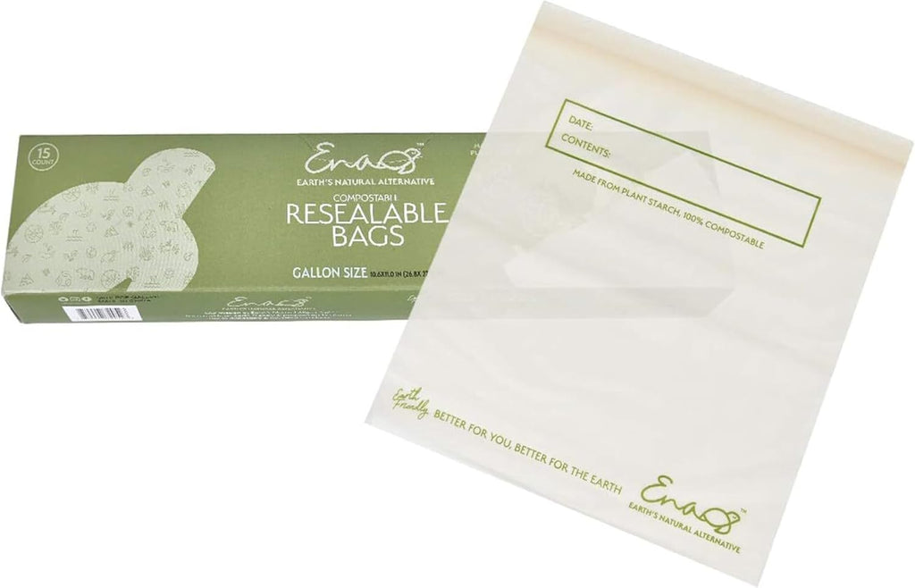 100% Compostable Food Storage Bags - Gallon Size, 50 Pack, Eco-Friendly Freezer Bags, Resealable, Heavy-Duty