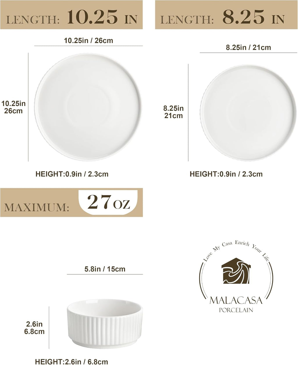 Porcelain 12 Pieces Plates and Bowls Set, Dinnerware Set for 4