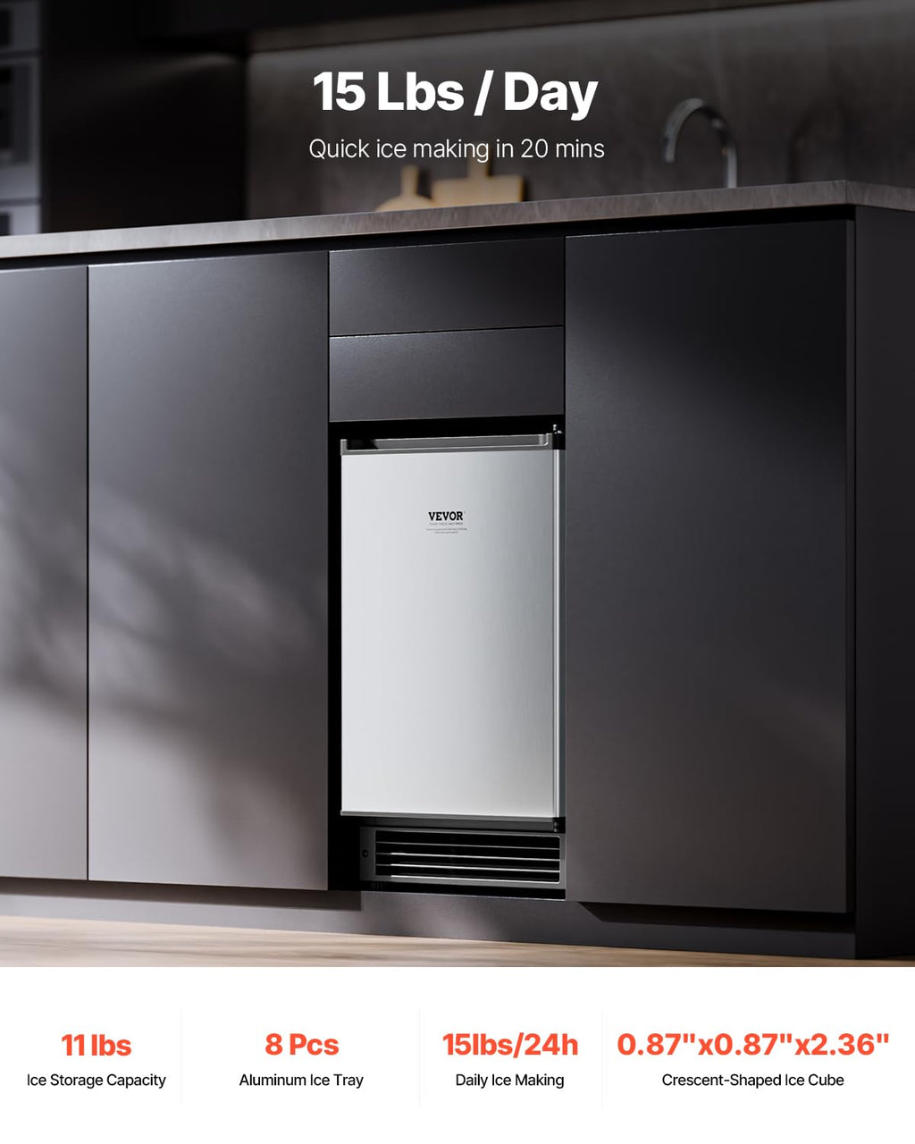 Undercounter Built-in Ice Maker, 15 Lbs/Day Under Counter Ice Maker Machine with Reversible Door Stainless Steel