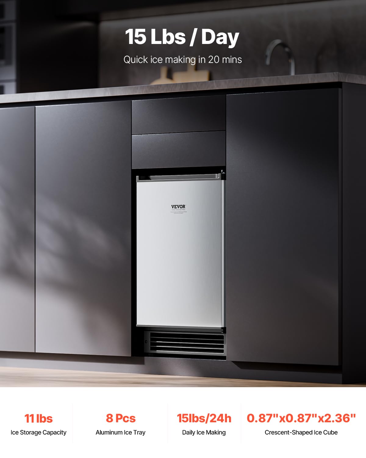 Undercounter Built-in Ice Maker, 15 Lbs/Day Under Counter Ice Maker Machine with Reversible Door Stainless Steel