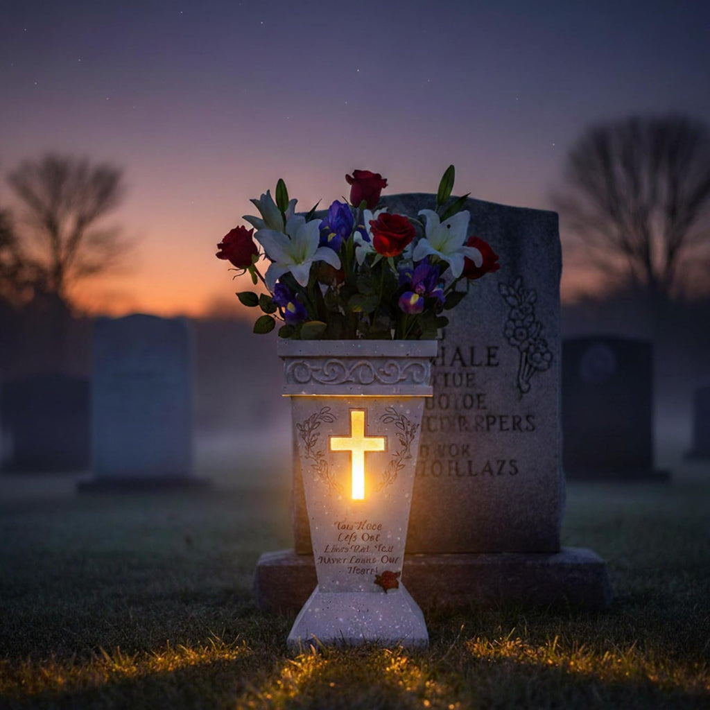 Solar Cemetery Vase with Lighted Cross & 2 Metal Spikes - Heavy Duty Resin Grave Decorations for Cemetery - Windproof