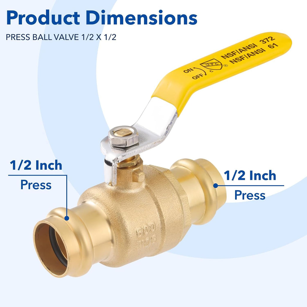 1/2" Brass Press Ball Valve, 1/4-Turn Full Port Valve (10-Pack)