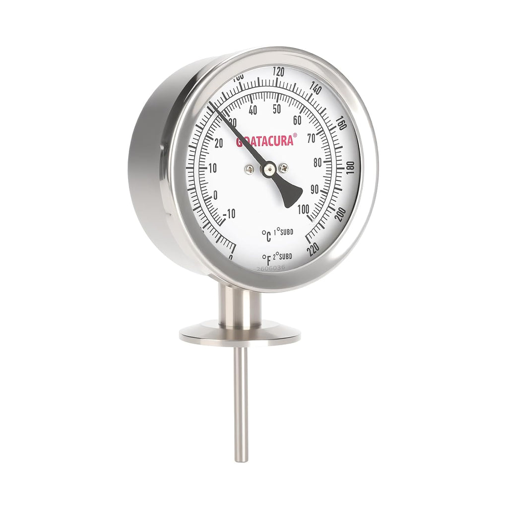 Sanitary Bimetal Thermometer, 0-220 Deg F/-10-100 Deg C