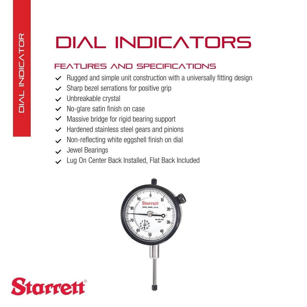 Starrett 25 Series Dial Indicator, 0-1.000" Range, .001" Graduation