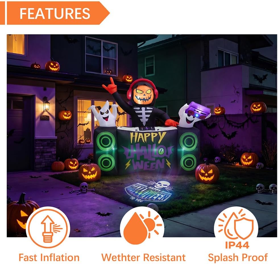 6 FT Halloween Inflatable Pumpkin Grim Reaper DJ Outdoor Décor | LED Projector Lighting, Fast Auto Inflate, Wind