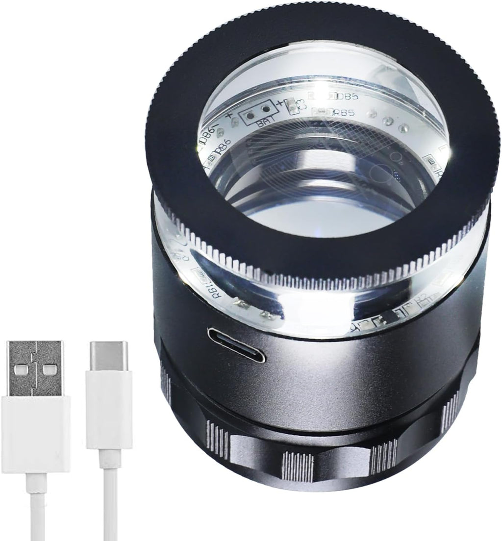 10X Rechargeable Jewelers Loupe Magnifier with LED Light & Detachable Reticle Scale, 25mm Field of View, Adjustable