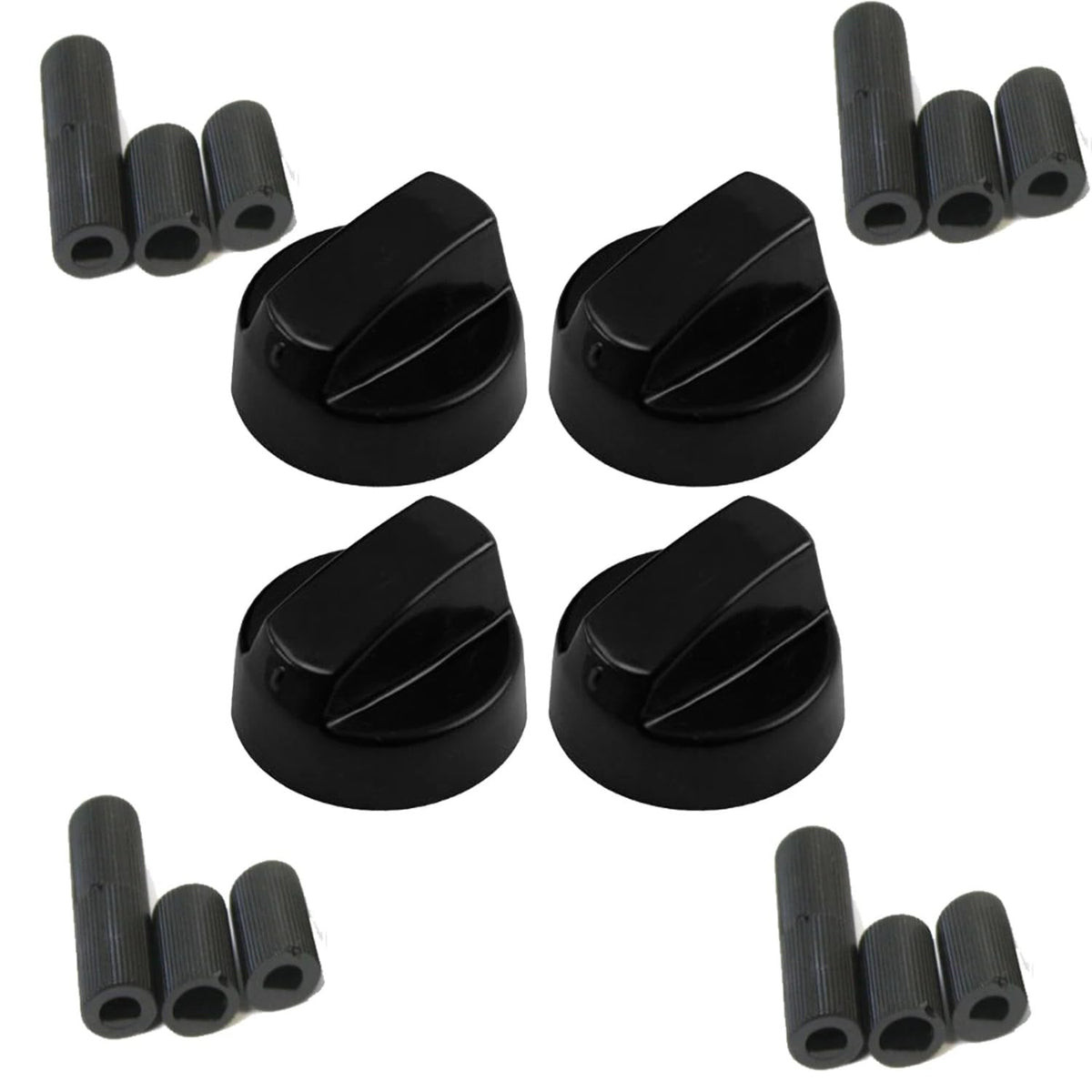 Restore Your Stove's Functionality | Universal Control Knob Set for Stoves & Ovens | Black Plastic, 4 Knobs + 12 Adapters for Easy Installation