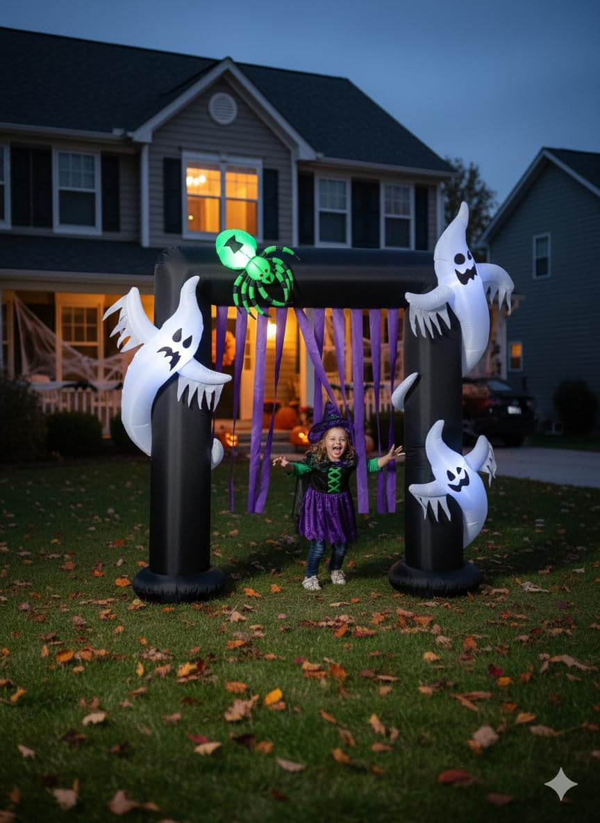 8 FT Illuminated Halloween Inflatable Ghosts and Spider Archway | Purple Streamers, Outdoor Indoor, Blow Up Lighted
