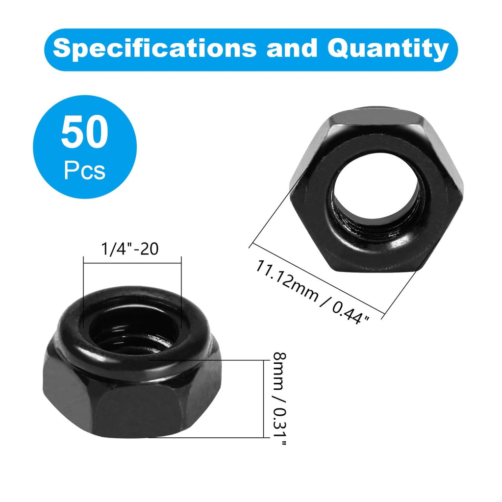 50Pcs 1/4"-20 Nylon Insert Hex Lock Nuts Self-Locking Nut