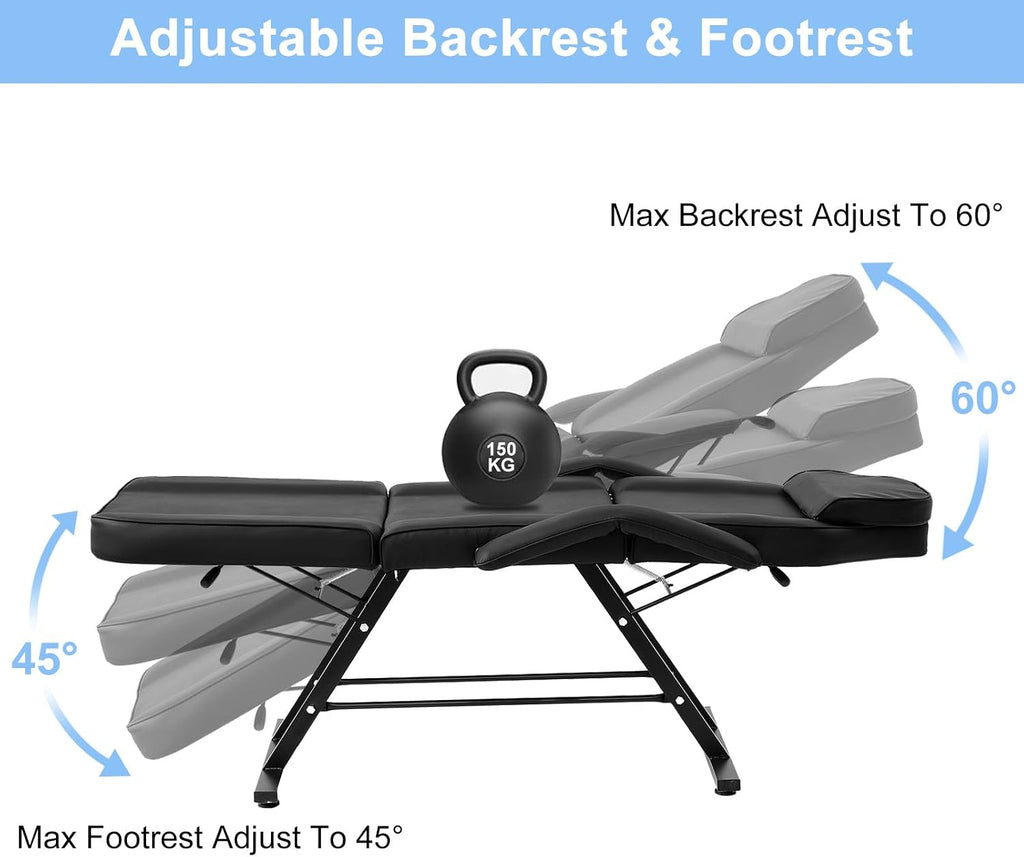 72" 3-Section Massage Table & Facial Chair, Black Spa Bed for Lash & Beauty Salon with Hydraulic Stool, Adjustable