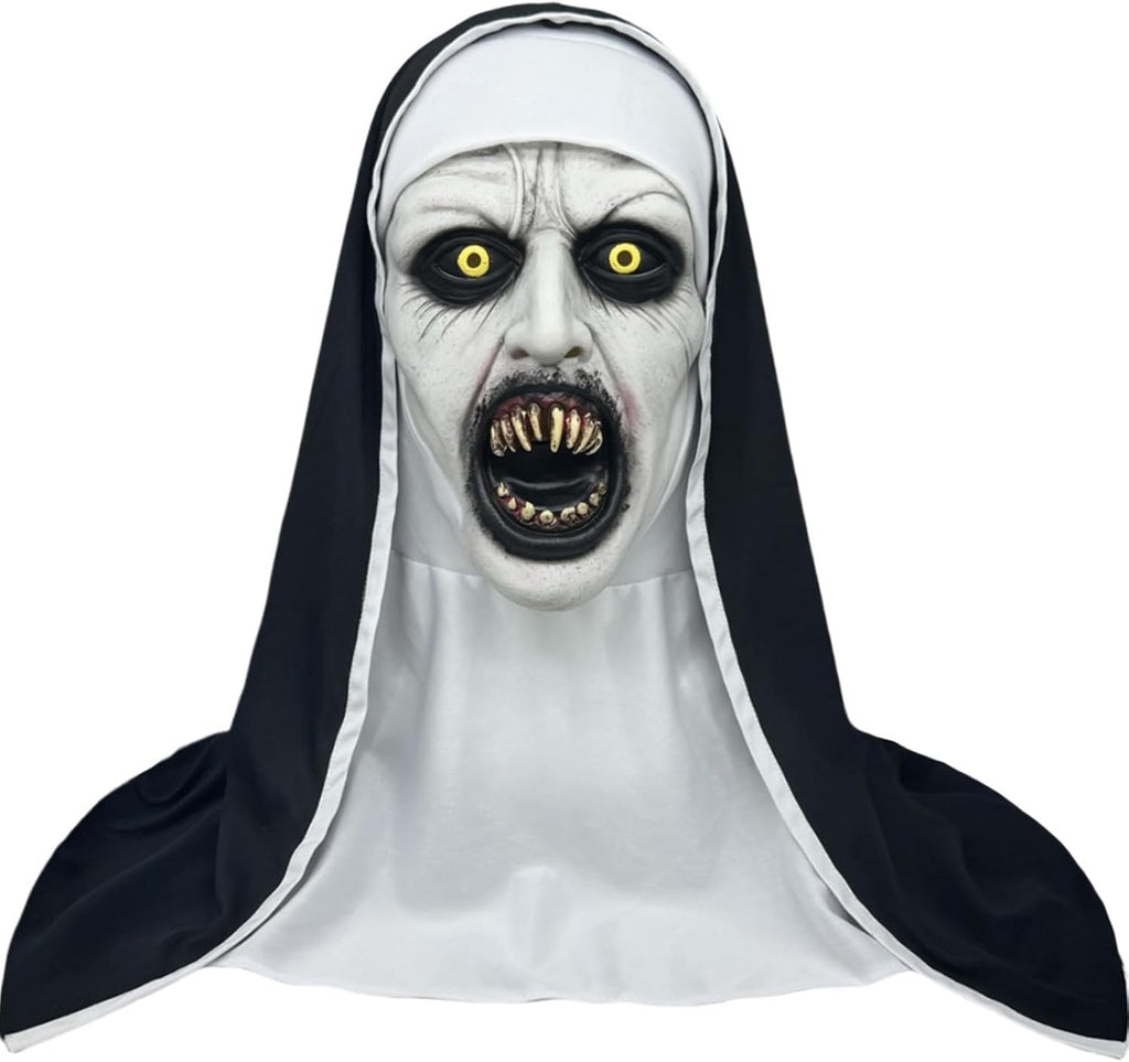 Nun Scary Latex Mask Halloween Party Horror Nun Mask Full Head Costume Creepy Mask with Cross Necklace(Fang)