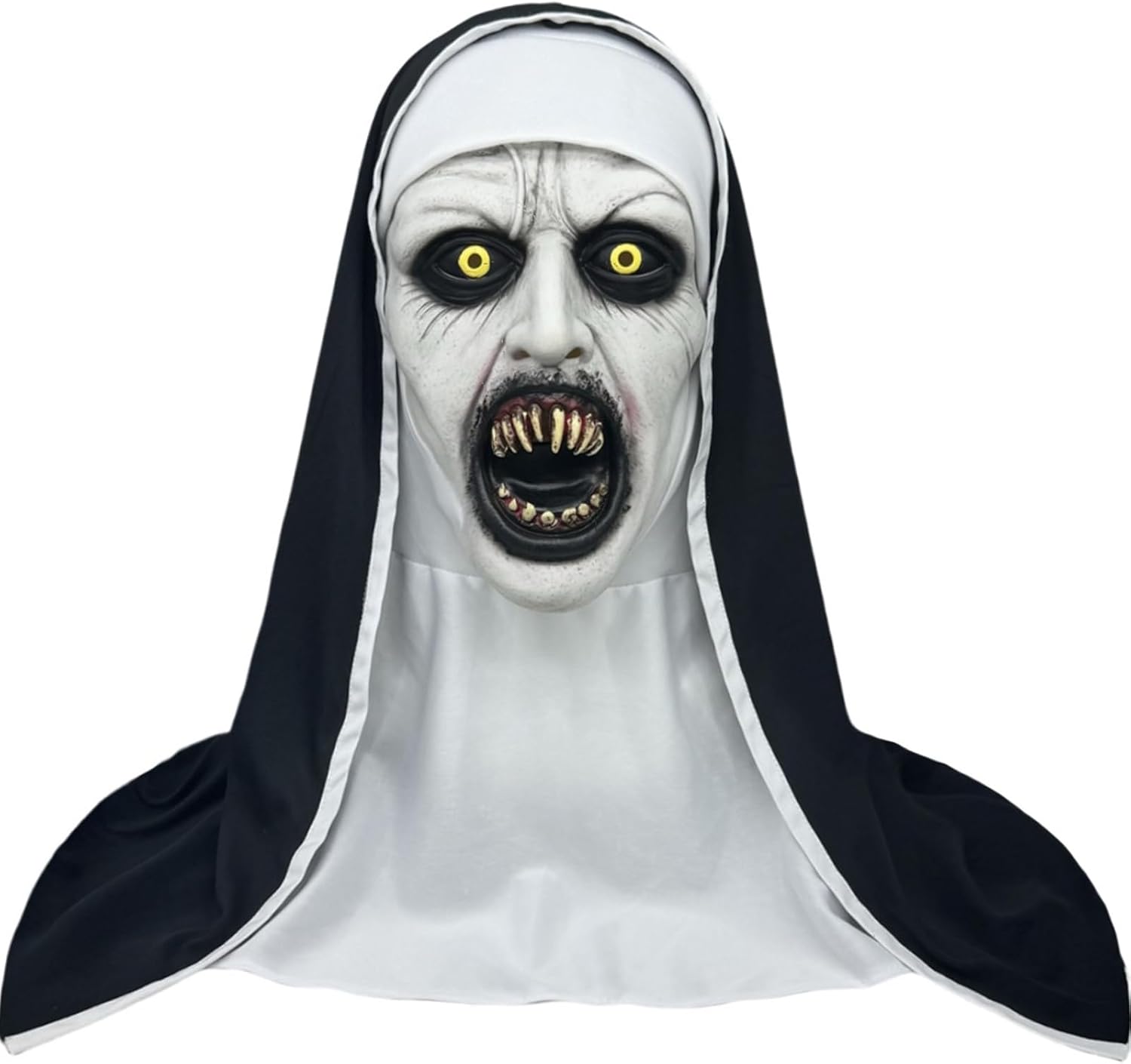 Nun Scary Latex Mask Halloween Party Horror Nun Mask Full Head Costume Creepy Mask with Cross Necklace(Fang)