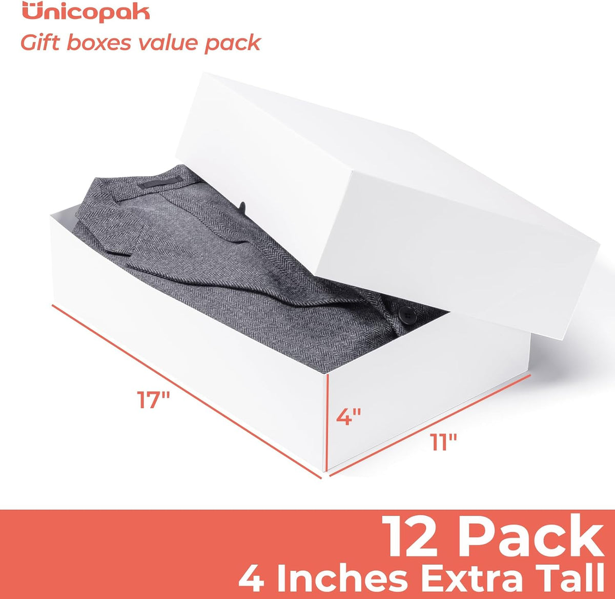 12 Pack Extra Large White Gift Boxes with Lids, 17x11x4 Inches