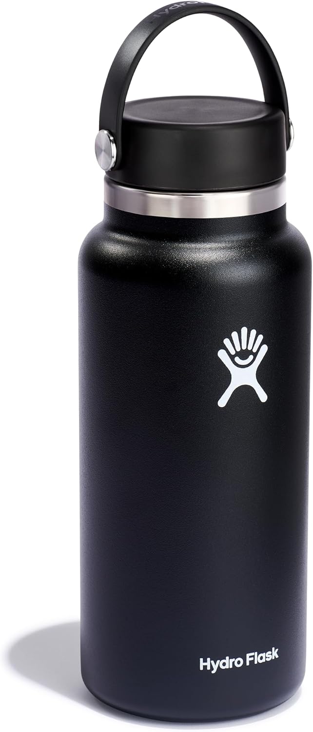 Water Bottle - Insulated Stainless Steel - Wide Mouth Flex Lid, Non Spill, Leakproof and Refillable in 32 Oz Black