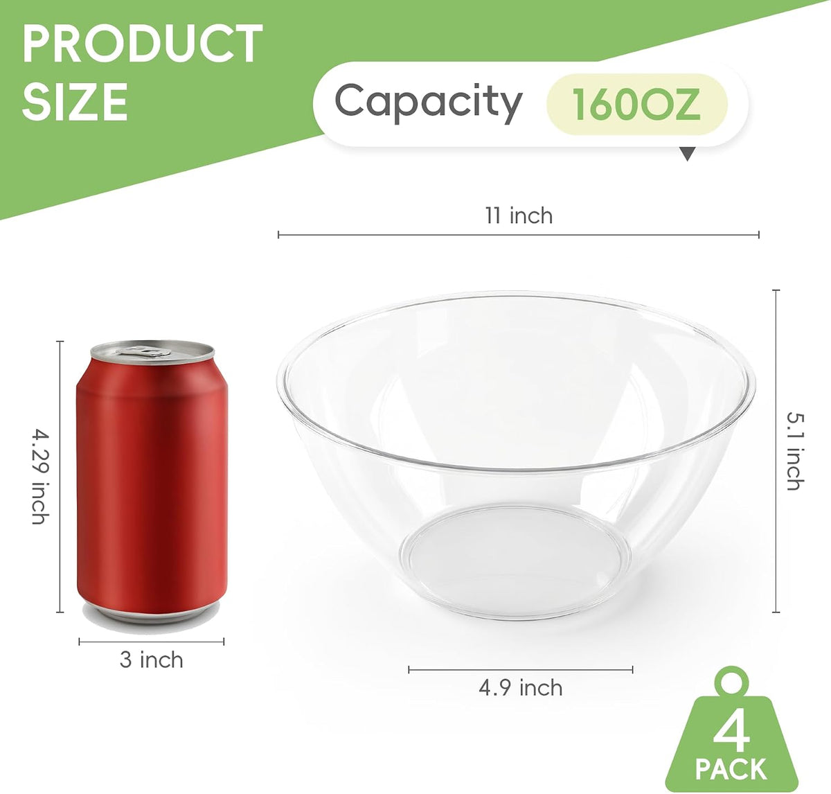 4PCS 160oz Clear Plastic Serving Bowls, Large Round Punch Bowls