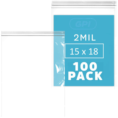 15"x18" Extra-Large Zip Bags, 100 Pack, 2 Mil, Reclosable Storage Bags, GPI