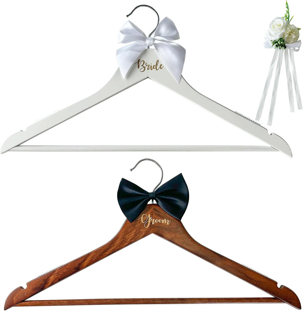 Groom Bride Hanger for Wedding Dress or Suit - 2 Pack Wedding Hangers Gifts Accessories - Bridal Hanger with Bow Tie
