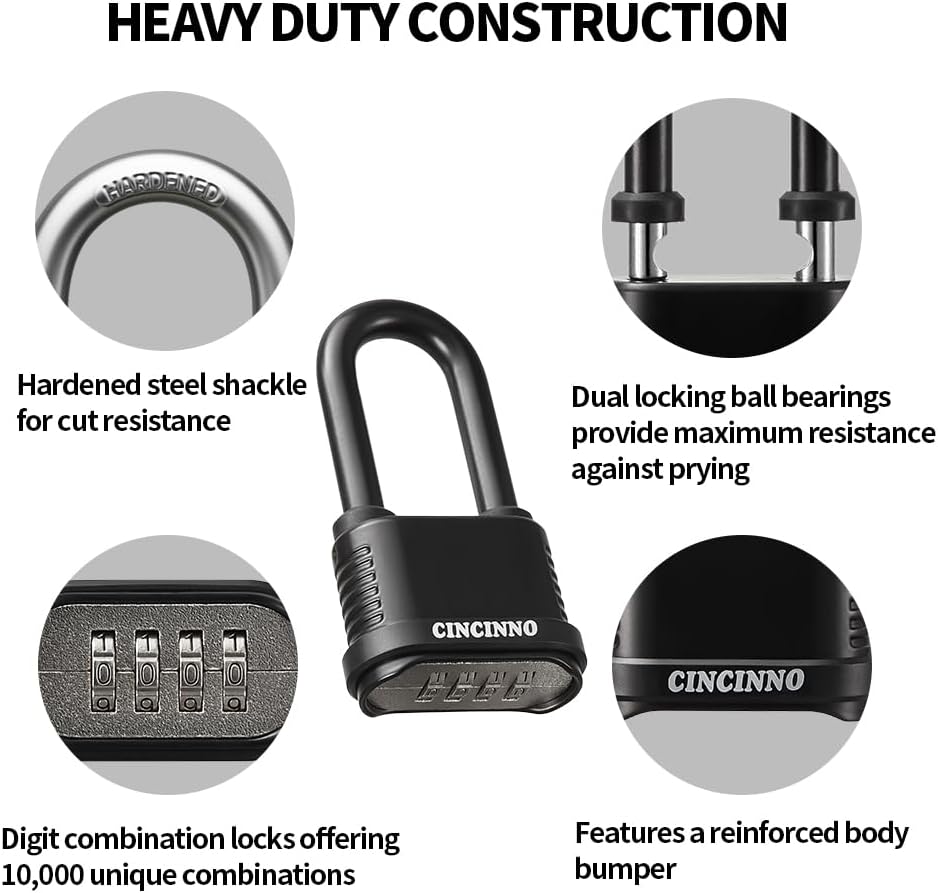 Weatherproof 4 Digit Combination Lock, Heavy Duty Combo Lock with Long Shackle for Outdoor Shed, Garage, Gate, Fence
