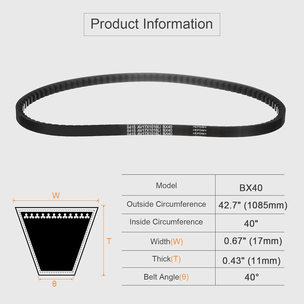 uxcell BX40 EPDM V-Belt, Raw Edge Cogged Industrial Rubber V Belt 0.67" Width x 40" Inside Circumference