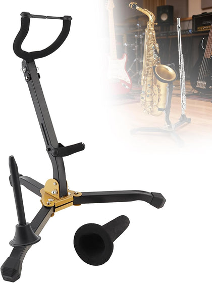Alto/Tenor Sax Stand w Clarinet/Flute Peg, Foldable Stand w Sponge Pad | Rust-resistant metal base prevents tipping.