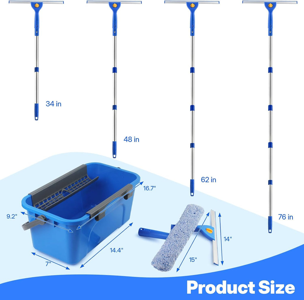 Professional Window Cleaning Kit with Bucket 3 Gallon, 76" Long Handle Window Squeegee and Microfiber Scrubber, High