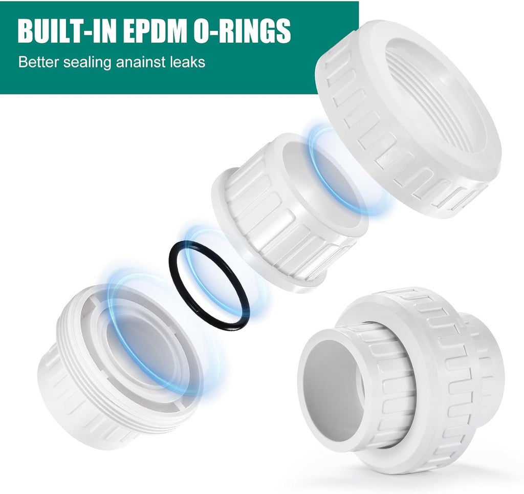 VYH 2" PVC Union Coupling Pipe Fitting,2" PVC Slip Union Schedule 40, PVC Adapter(Socket x Socket), built-in EPDM O-Ring, White （2 Pack）