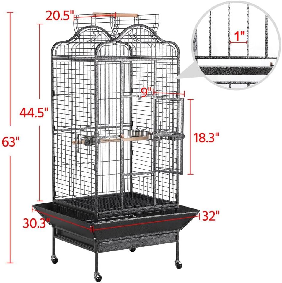 63'' Bird Cage with Stand Wrought Iron Rolling Open Play Top Large Bird Cage for Mini Macaw African Grey Amazon Parrot