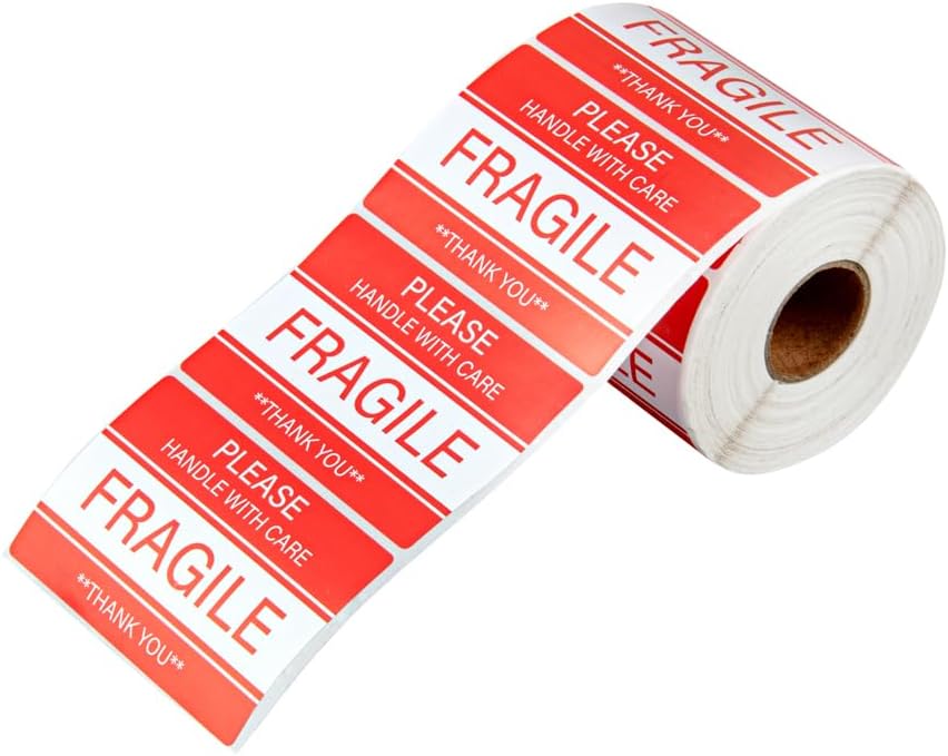 Label Tek 3 x 2 Inch Packaging Stickers, 500 Premium Shipping Labels - Handle with Care, Sustainable, Red and White