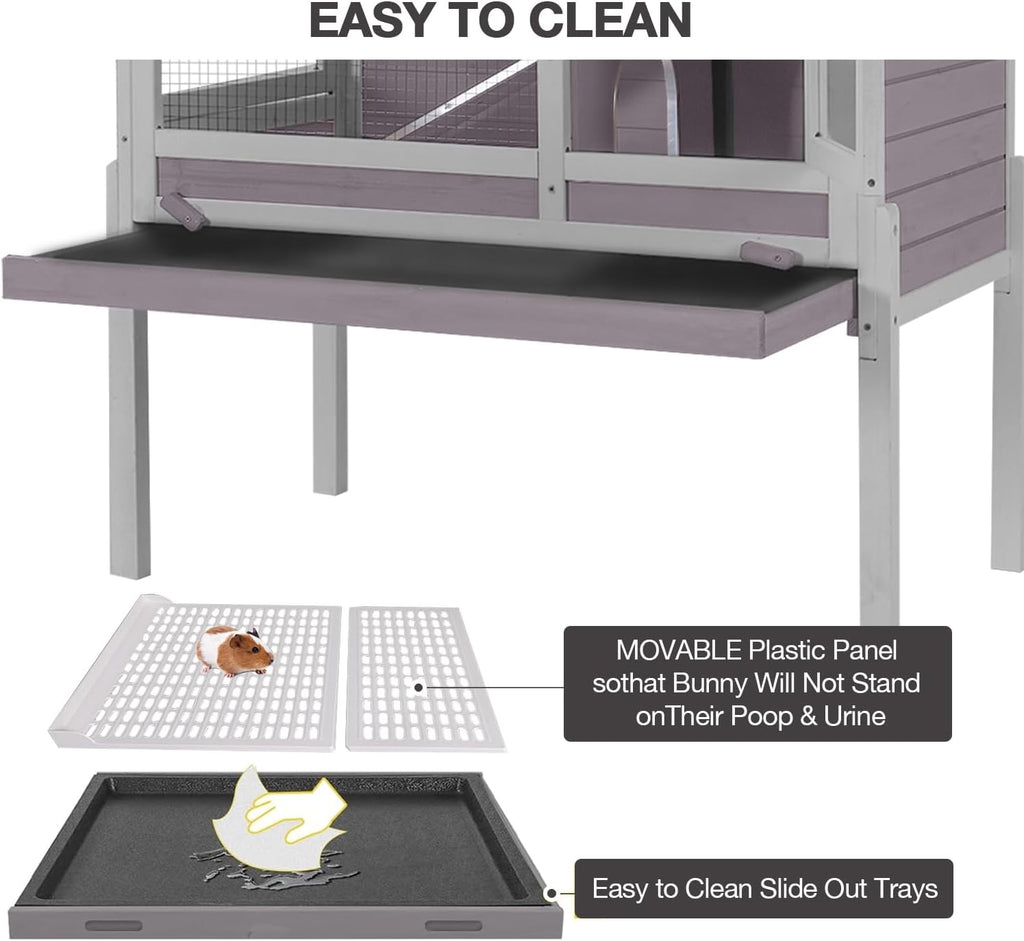 Wooden Guinea Pig Cages Indoor with Plastic Floor and Pull Out Tray, Two-Story Rabbit Cage with Anti-Chewing Ramp