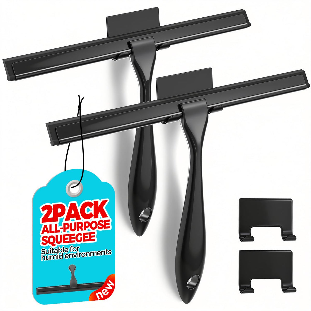 2pcs Shower Squeegee for Glass Doors with Adhesive Hanging Hook Set