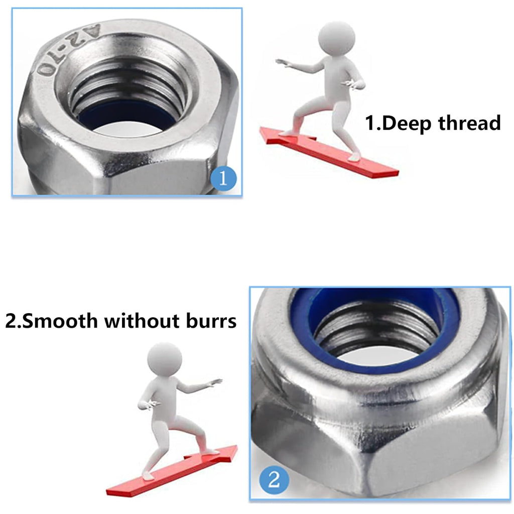 10 Pcs M8 x 1.0mm Metric Fine Thread Nylon Insert Lock Nut, 304 Stainless Steel Non-Slip Self-Locking Nut