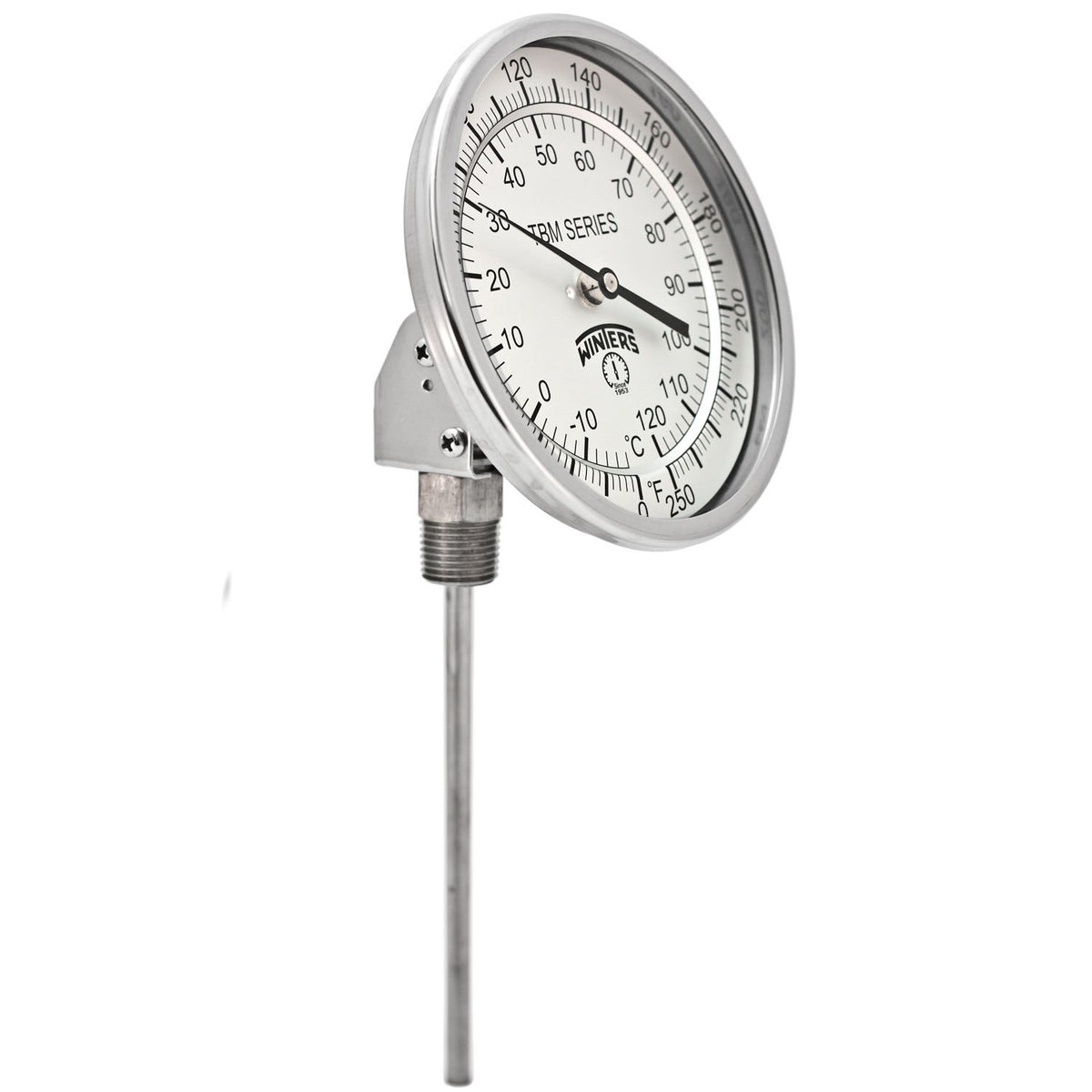 Winters TBM Series Stainless Steel 304 Dual Scale Bi-Metal Thermometer, 6" Stem, 1/2" NPT Adjustable Angle Connection, 5" Dial, 0-250 F/C Range
