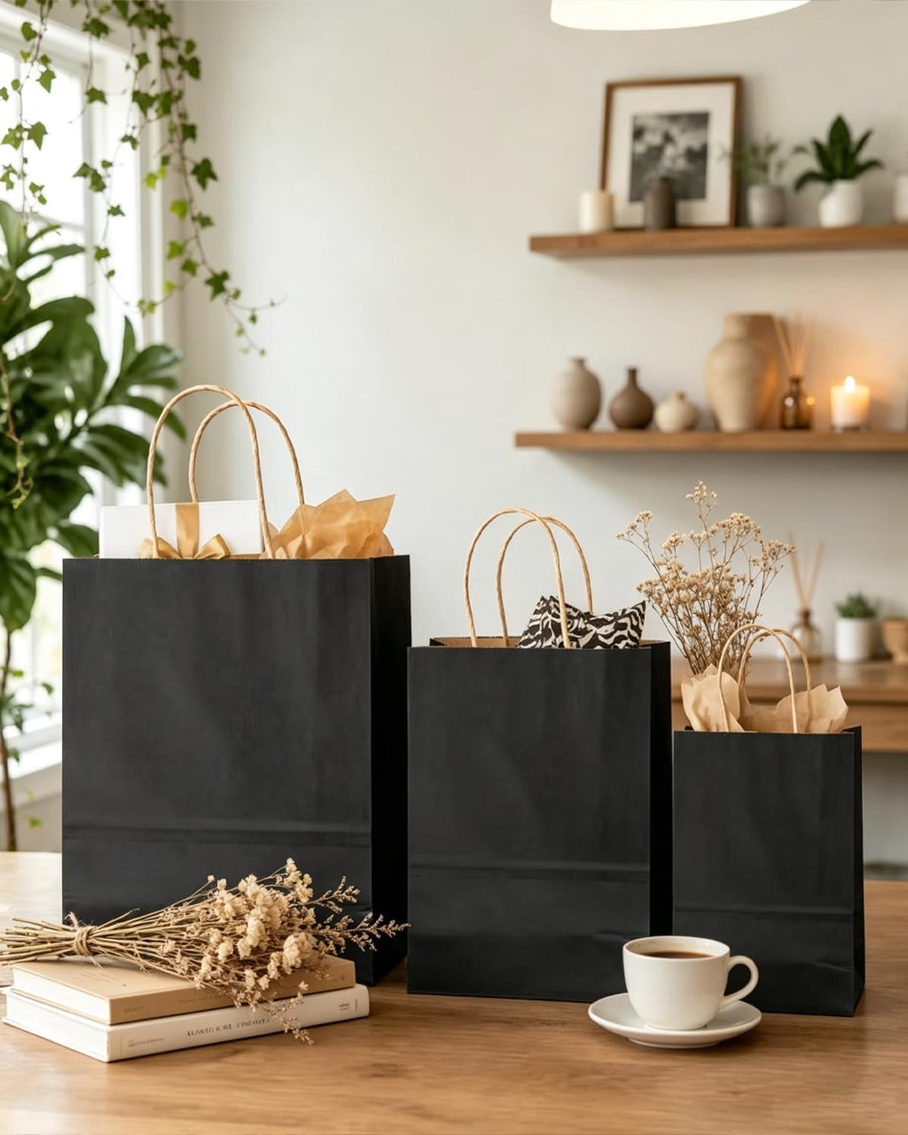 100-Packs Black Paper Gift Bags with Handles Bulk Assorted Sizes(33pcs Large 13", 33pcs Medium 11", 34pcs Small 8")