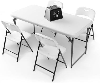 4FT Folding Table Set with 4 Chairs – Heavy-Duty 400 lb Table & 600 lb Chairs, Dual-Height Adjustment, Portable